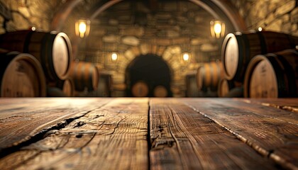 Wall Mural - A wooden table with barrels behind it