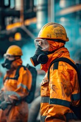 Two men in orange safety gear stand next to each other