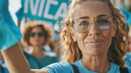 A determined woman wearing glasses and a blue shirt participates actively in a social justice rally, showcasing her commitment to the cause amid a motivated crowd.