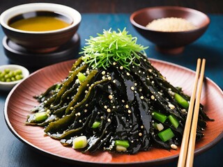 Wall Mural - wooden bowl of seaweed salad