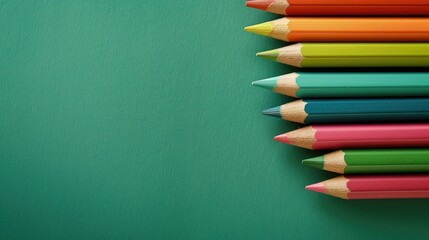 Poster - Colorful pencil set in variety of hues on green background with copy space