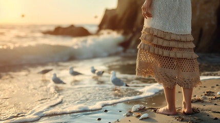 Poster - woman standing on shell-covered beach at sunset