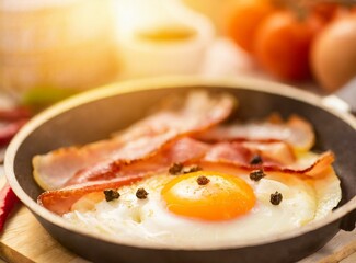 Frying eggs with bacon and fresh pepper for morning meal