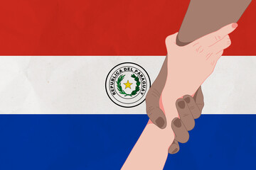 Helping hand against the Paraguay flag. The concept of support. Two hands taking each other. A helping hand for those injured in the fighting, lend a hand