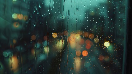 Poster - Close-up of raindrops falling on a windowpane, distorting the view of a blurred urban landscape.