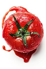 Poster - Fresh tomato with juice dripping onto a clean white surface