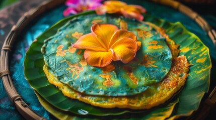 Aufkleber - Close-up of Roti Sai Mai presented with artistic flair, showcasing its vibrant colors and delicate texture.