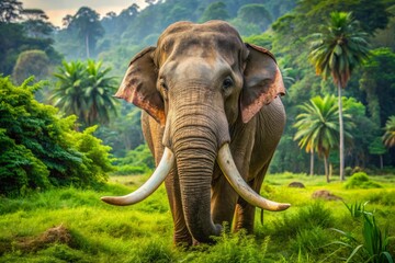 Majestic large wild elephant with impressive long curved tusks roams freely in a lush green wildlife park, peacefully grazing on fresh vegetation.