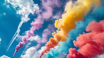 Colored smoke trails left behind by jet planes during an airshow, painting the sky with vibrant streaks.