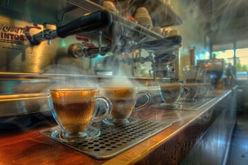 Poster - Two cups of coffee on a counter, perfect for morning or afternoon pick-me-up