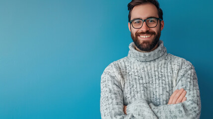 Wall Mural - Positive young bearded man in glasses and a casual sweater, arms crossed, smiling at the camera, blue background