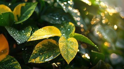 Aufkleber - Dew-covered leaves of a tropical plant, with sunlight creating a sparkling effect.