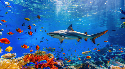 Wall Mural - Shark and small fishes coexisting in a vibrant underwater seascape