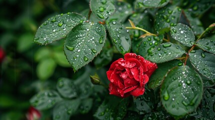 Poster - Fresh rain droplets on the leaves of a rose bush, with a single red rose in the frame.