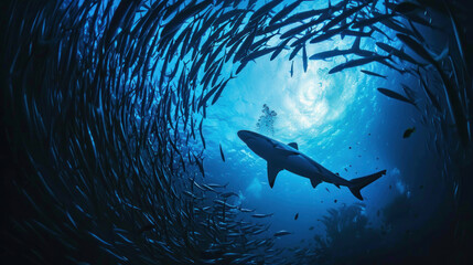 Wall Mural - Shark navigating through a dense school of small fishes in the deep blue sea