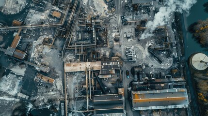 Canvas Print - Aerial View of Industrial Plant with Smoke and Pipelines