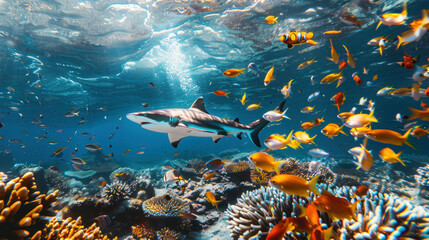 Wall Mural - Underwater scene of a shark and numerous small fishes in a tropical ocean