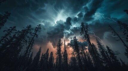 Poster - Lightning illuminating a silhouette of trees against a stormy sky, capturing the power of nature.