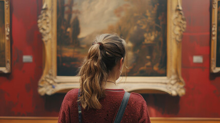 Wall Mural - Woman at an artwork museum, standing in front of a photo frame, deeply engaged in the details of the art piece