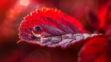Aufkleber - Macro shot of a single water droplet on a vibrant red leaf, reflecting the surroundings.