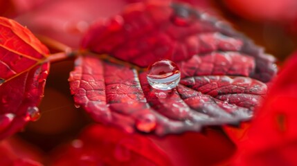 Aufkleber - Macro shot of a single water droplet on a vibrant red leaf, reflecting the surroundings.