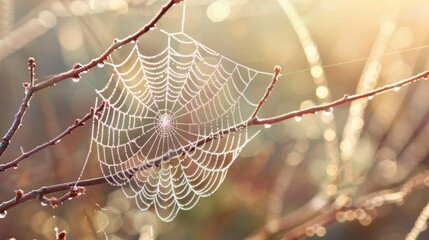 Poster - Macro shot of a spider weaving its web between branches, with dew drops glistening on the web.