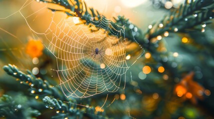 Poster - Macro shot of a spider weaving its web between branches, with dew drops glistening on the web.