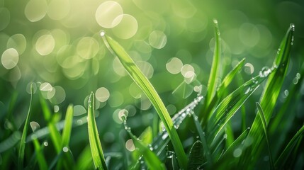 Poster - Morning dew on the leaves of a grass blade, with a soft bokeh background.