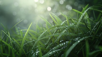Poster - Morning dew on the leaves of a grass blade, with a soft bokeh background.