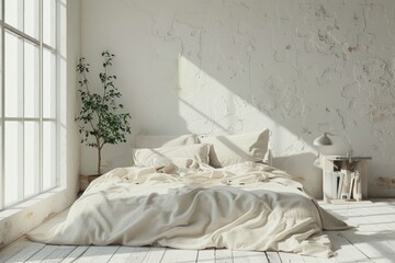 Aufkleber - A cozy bedroom scene with a bed and a plant in the corner, ideal for interior design or lifestyle photography
