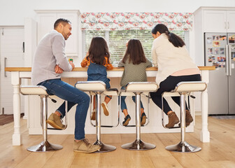 Poster - Family, children and relax by kitchen counter at house for bonding, breakfast and love in morning together. Parent, kids and table with care, support and trust for connection of wellness development