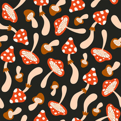 Poster - Floral seamless pattern with cute mushrooms on a black background. Groovy retro vintage print in style 70s, 80s. Vector illustration