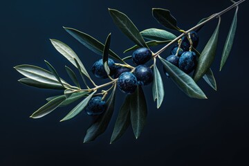 Poster - A close-up shot of an olive branch with leaves against a dark background