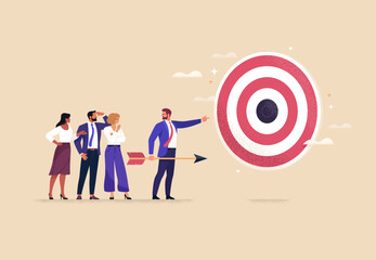 Wall Mural - business target concept. vector illustration in flat style of a diverse business team led by a leade