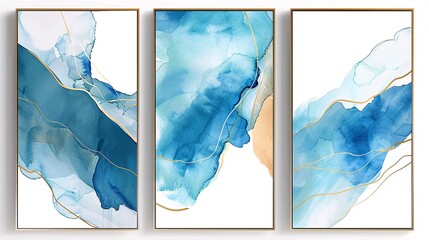 Poster - Three modern watercolor art posters with a continuous flow, seamlessly connected on a white background for a unified and refined appearance