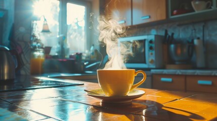 Poster - Steam rising from a hot cup of coffee in a cozy kitchen on a cold morning.