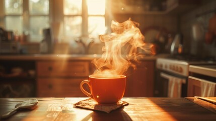 Poster - Steam rising from a hot cup of coffee in a cozy kitchen on a cold morning.