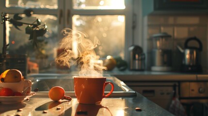 Poster - Steam rising from a hot cup of coffee in a cozy kitchen on a cold morning.