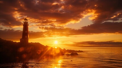 Poster - Sun setting behind a lighthouse on a rocky coast, casting a dramatic silhouette against the evening sky.