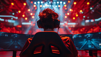 A young man sits in front of the computer, wearing headphones and playing video games with his hands on the keyboard. He is smiling as he plays, illuminated by purple lights from behind him. 