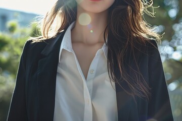 Poster - A woman wearing a black jacket and white shirt, possibly for formal occasion or work attire