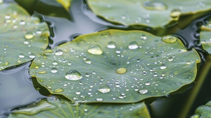 Aufkleber - Water droplets forming patterns on the surface of a lotus leaf in a serene pond