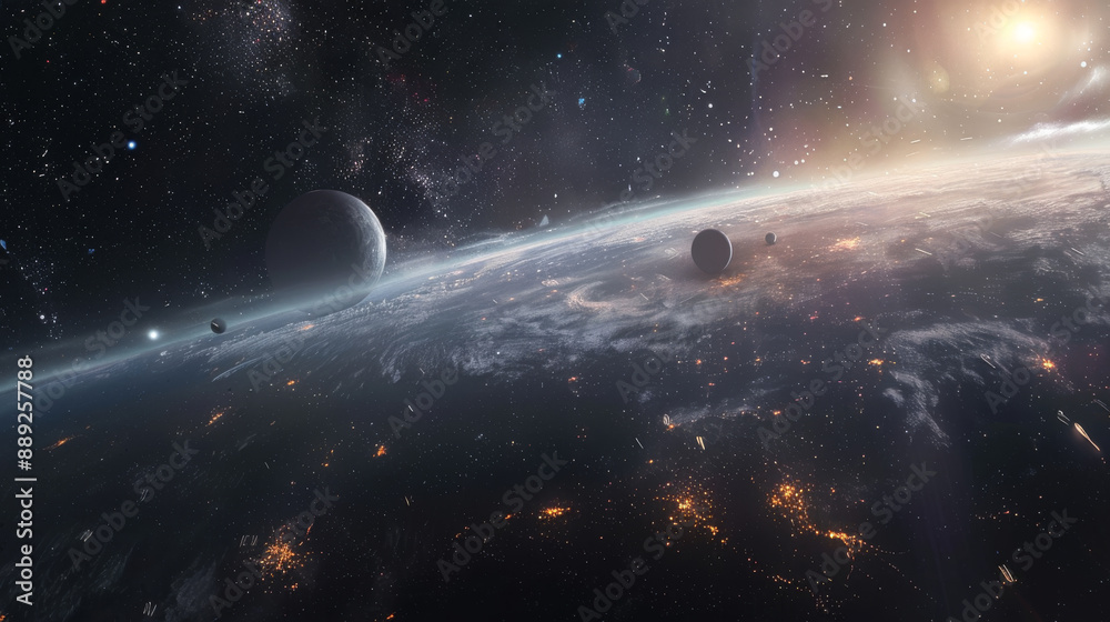 Stars and planets float in the vastness of space, creating a ...