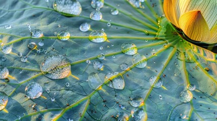 Poster - Water droplets forming patterns on the surface of a lotus leaf in a serene pond