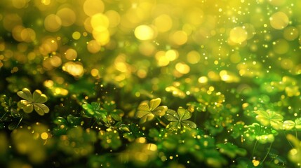 St. Patrick's Day abstract golden background Beautiful sparkling design with golden green clover leaves. Bokeh effect St. Patrick's Day