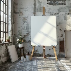 3d render mockup of A white canvas is propped up on a wooden easel in a room with a brick wall