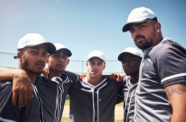 Wall Mural - Sport, baseball and team huddle together for support, motivation and solidarity in portrait. Face, softball and group of men at field for game plan, diversity and cooperation at competition outdoor