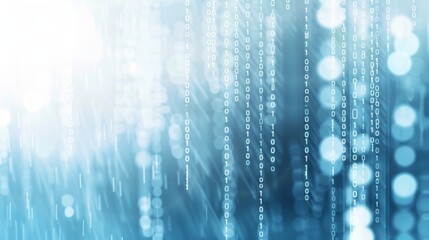 Leinwandbilder - A digital background featuring rows of white binary code against a light blue background with out-of-focus white circles.