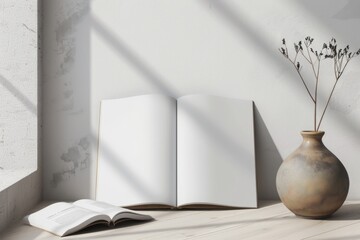 Aufkleber - A book sits next to a vase on a wooden floor, ready for reading or display