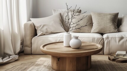Poster - A simple arrangement with a white vase placed on a wooden table, providing a clean and minimalist background